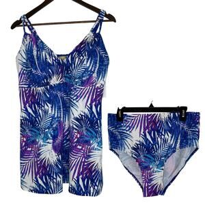 Swimsuit For All Tankini Swimsuit Womens 16 Blue Purple Palm Print 2PC Set NEW